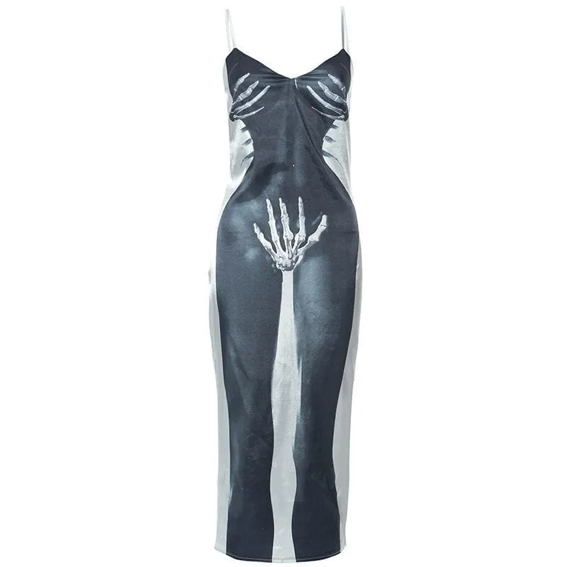 Skull pattern v neck backless contrast zip-up cami midi dress