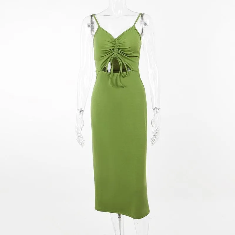Solid hollow out drawstring v neck backless cami midi dress