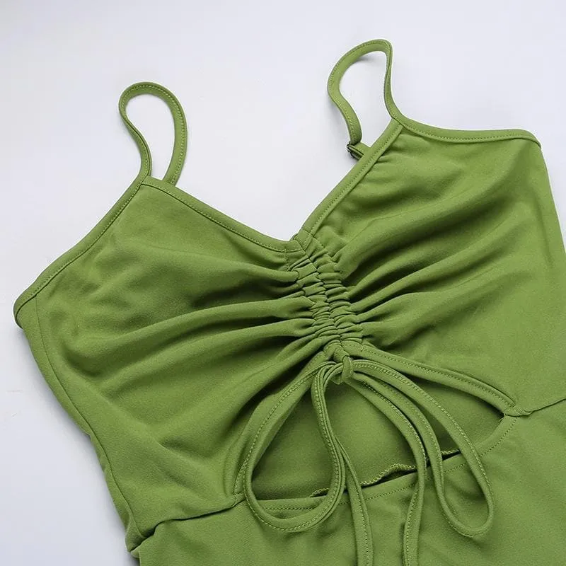Solid hollow out drawstring v neck backless cami midi dress