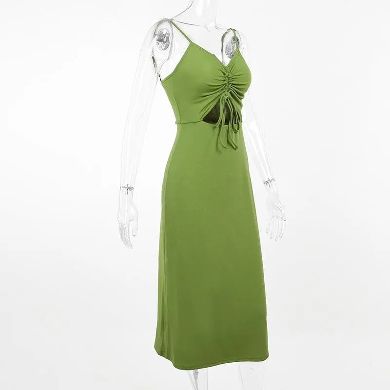 Solid hollow out drawstring v neck backless cami midi dress