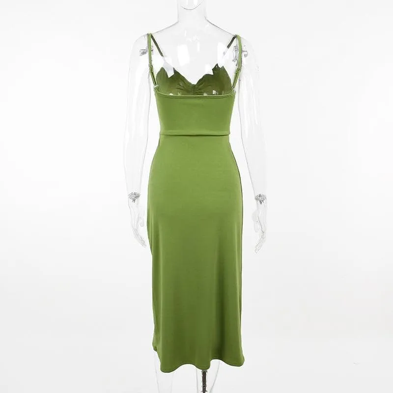 Solid hollow out drawstring v neck backless cami midi dress