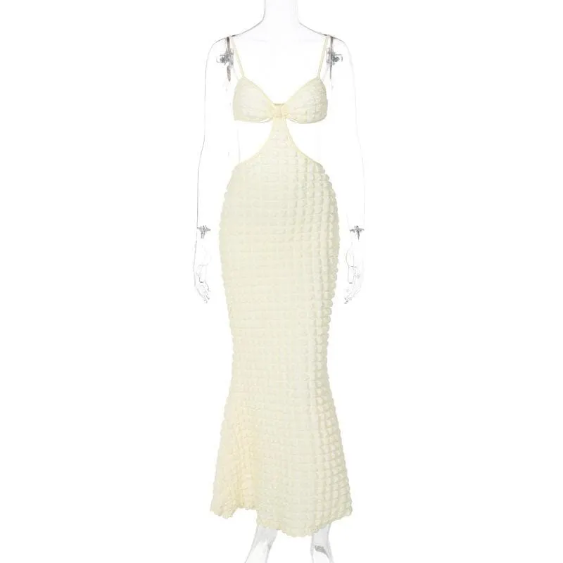 Solid hollow out waffle backless cami midi dress