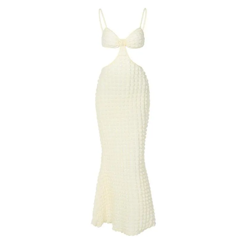 Solid hollow out waffle backless cami midi dress
