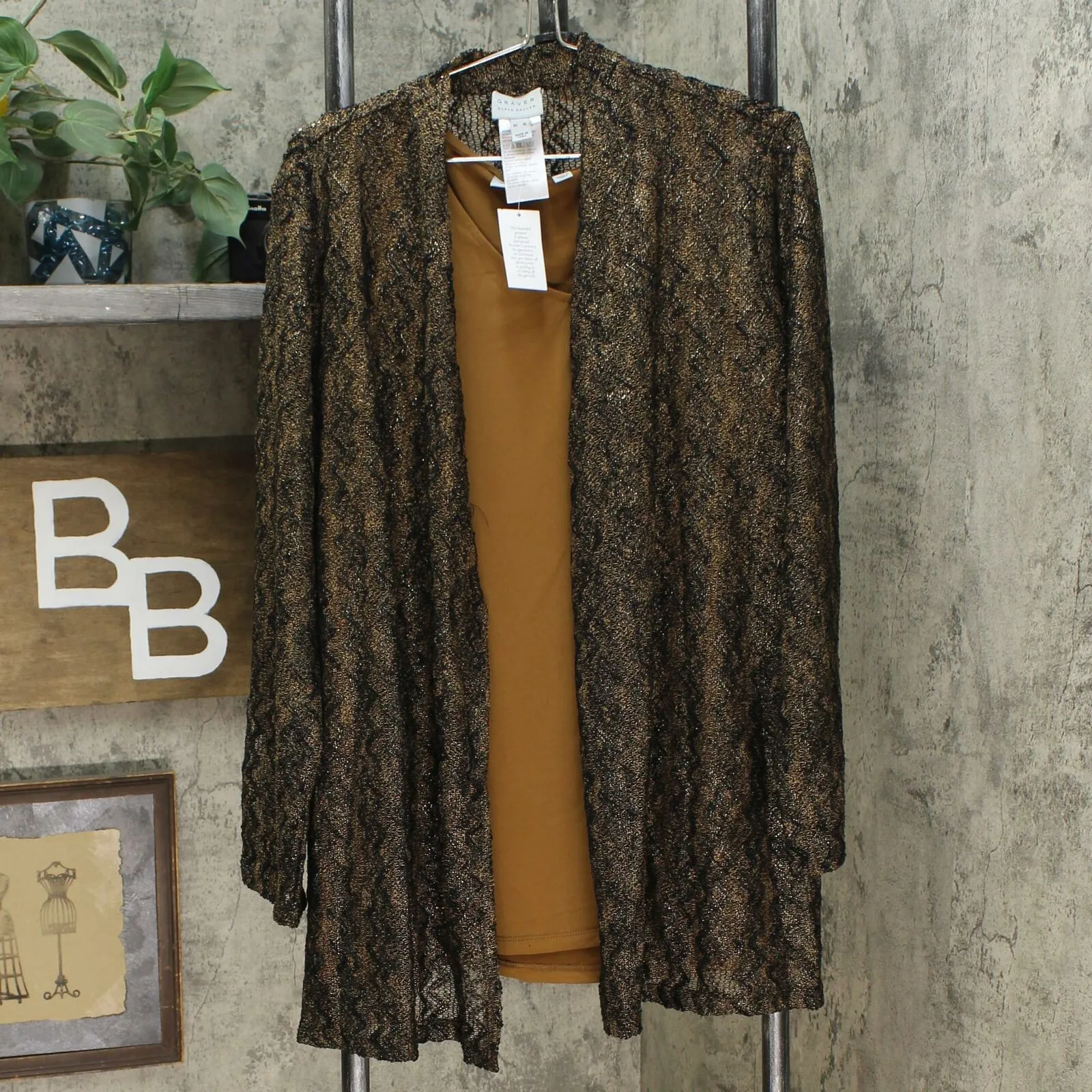 Susan Graver Women's Metallic Novelty Knit Cardigan With Tank Top Set