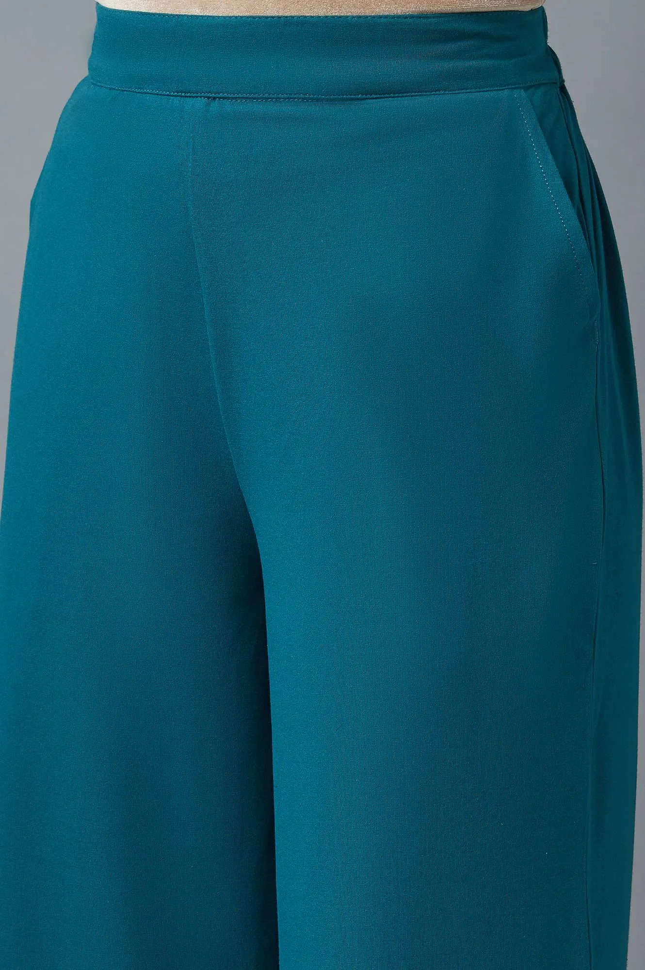 Teal Cotton Lycra Straight Palazzo