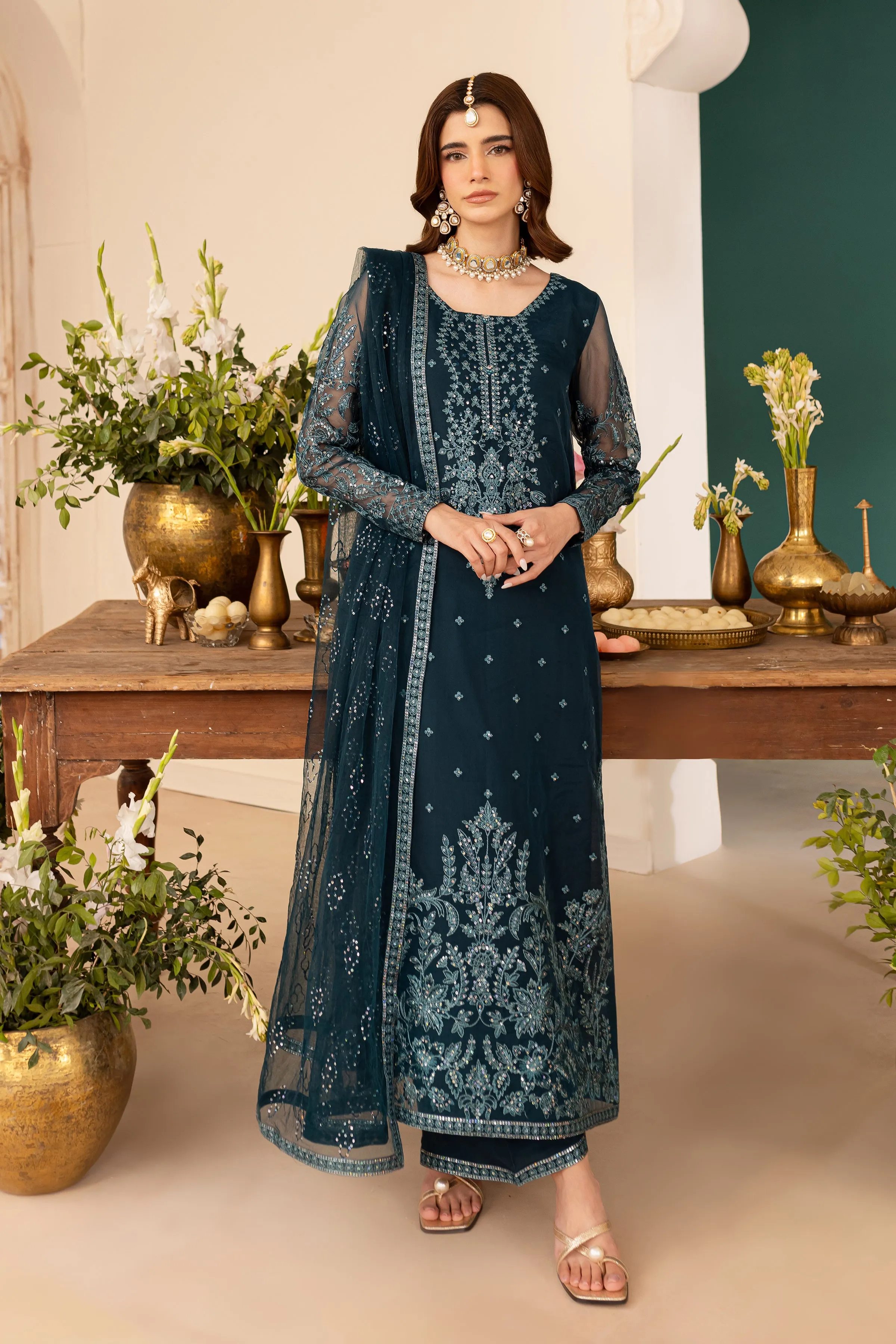Teal Tiffany 3Pc - Embroidered Luxe Pret