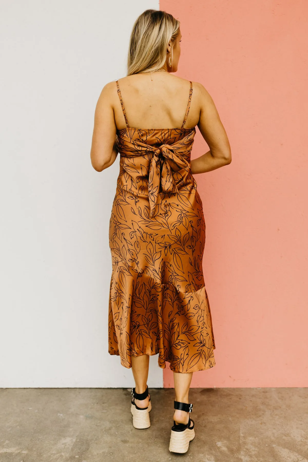 The Charley Leaf Print Back Tie Cami Midi Dress