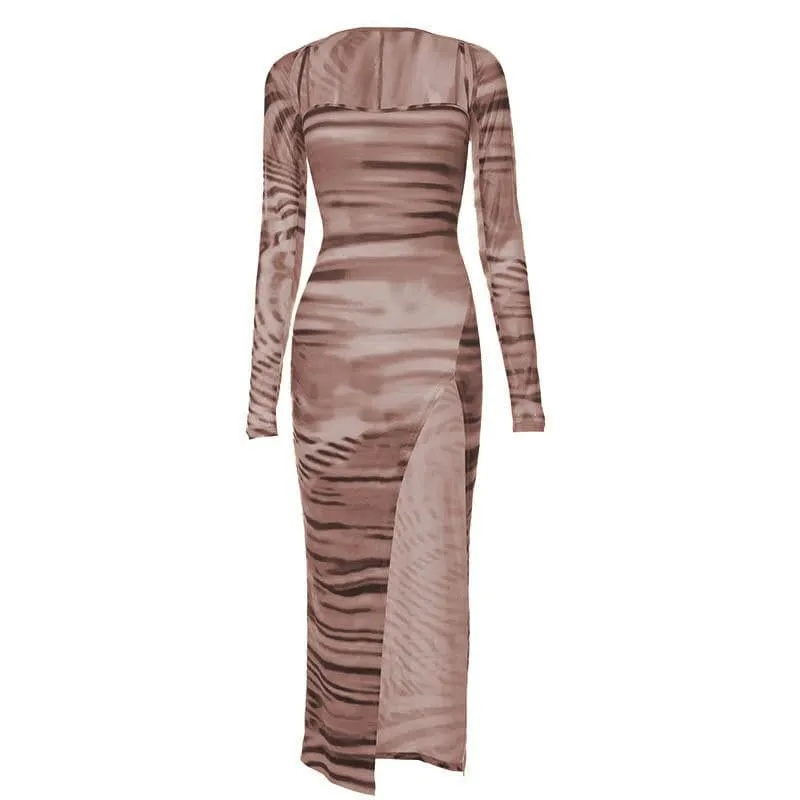 Tiger print long sleeve contrast slit shrug cami midi dress
