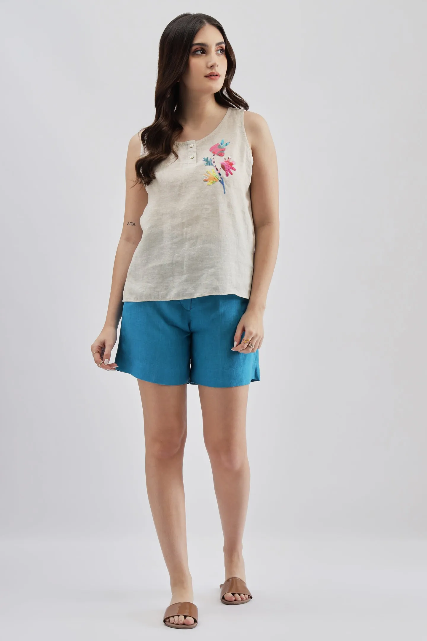 Turquoise Linen Shorts