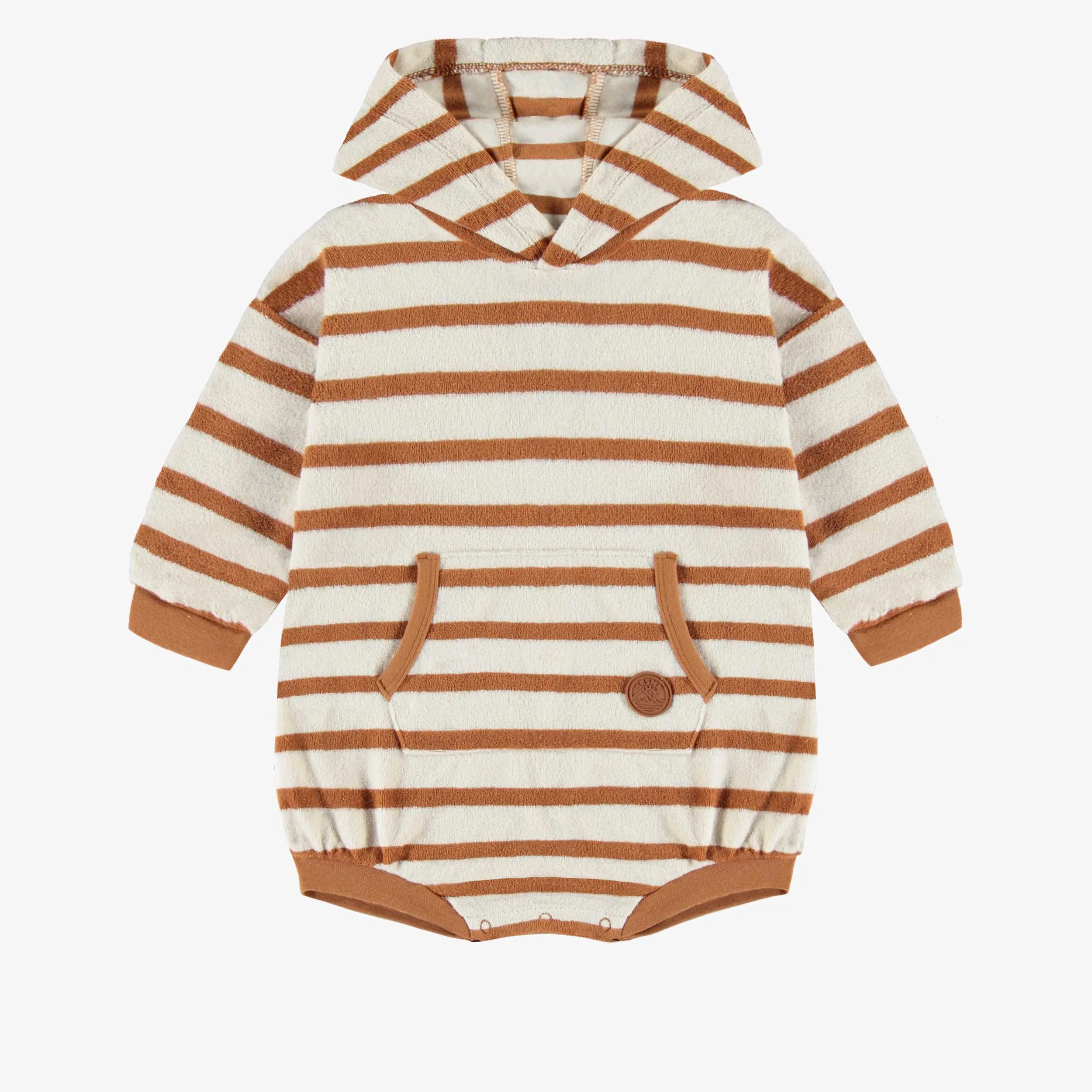 Une-pièce rayée caramel et brun à capuchon en ratine, bébé || Cream and caramel striped one piece with a hood in terry, baby