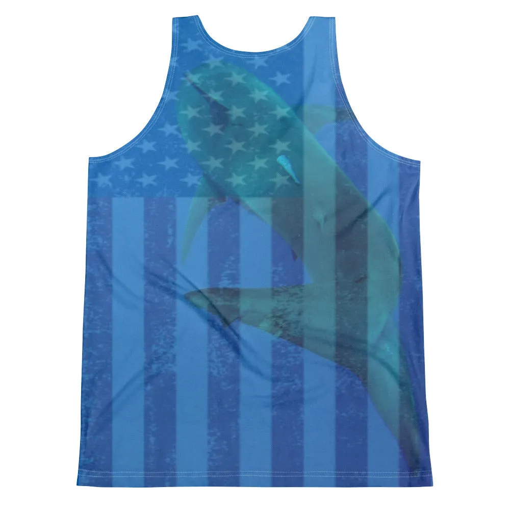 Unisex Tank Top (2-sided) - Surrounded by Sharks - Patriotic Flag Shark Shirt Collection