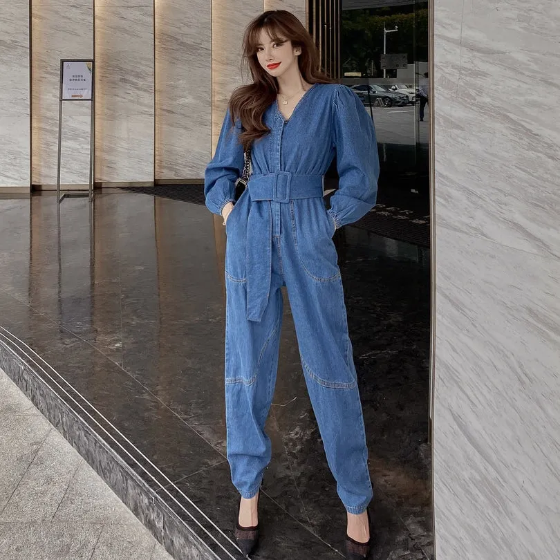 V-Neck Denim Overalls