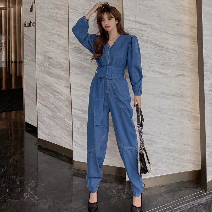 V-Neck Denim Overalls