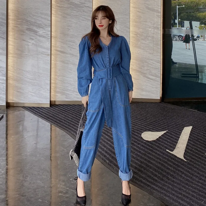 V-Neck Denim Overalls