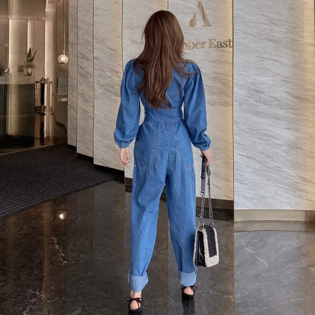 V-Neck Denim Overalls