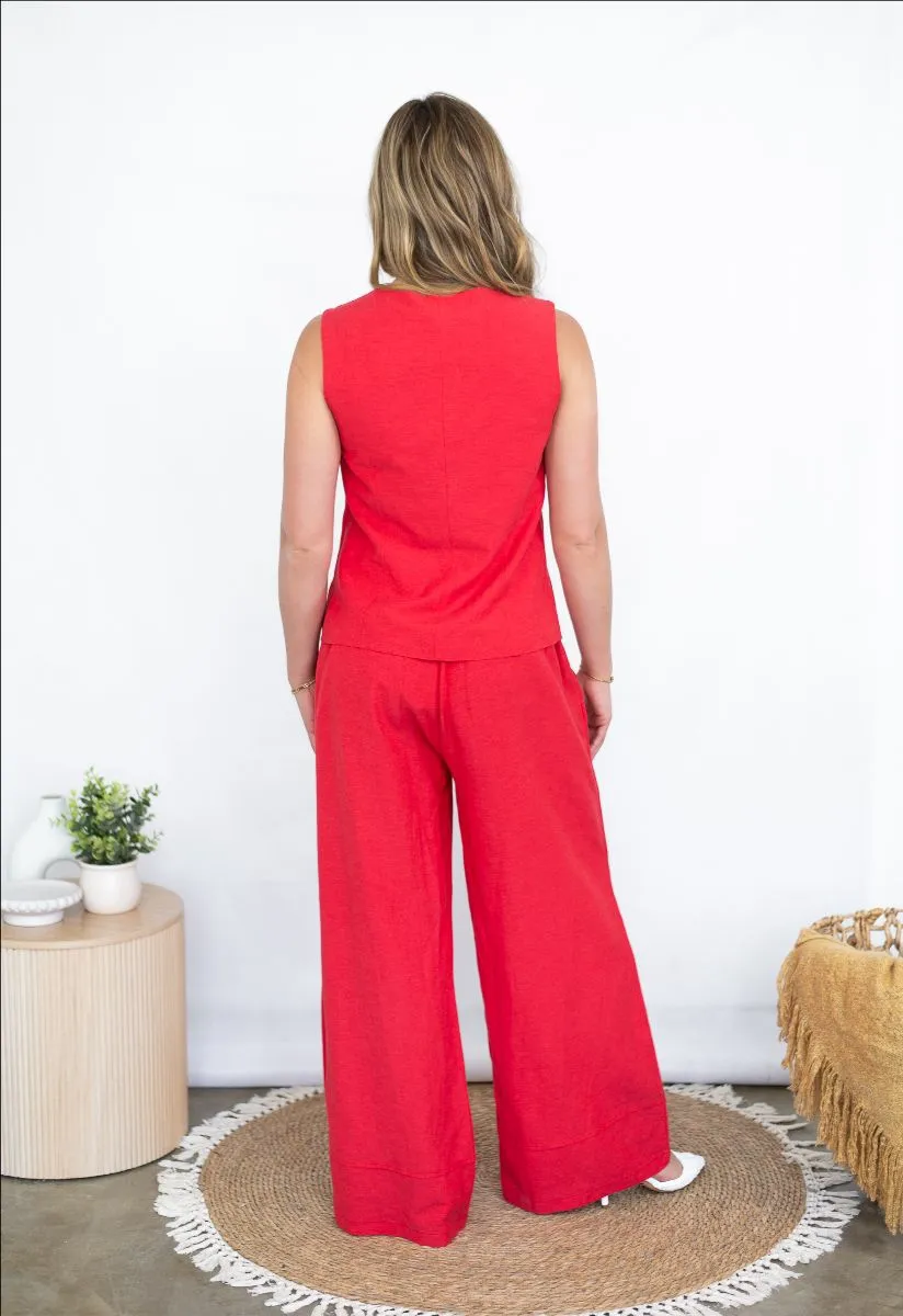 Vest   Pants In Red Linen/Viscose