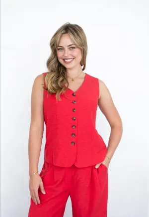 Vest   Pants In Red Linen/Viscose