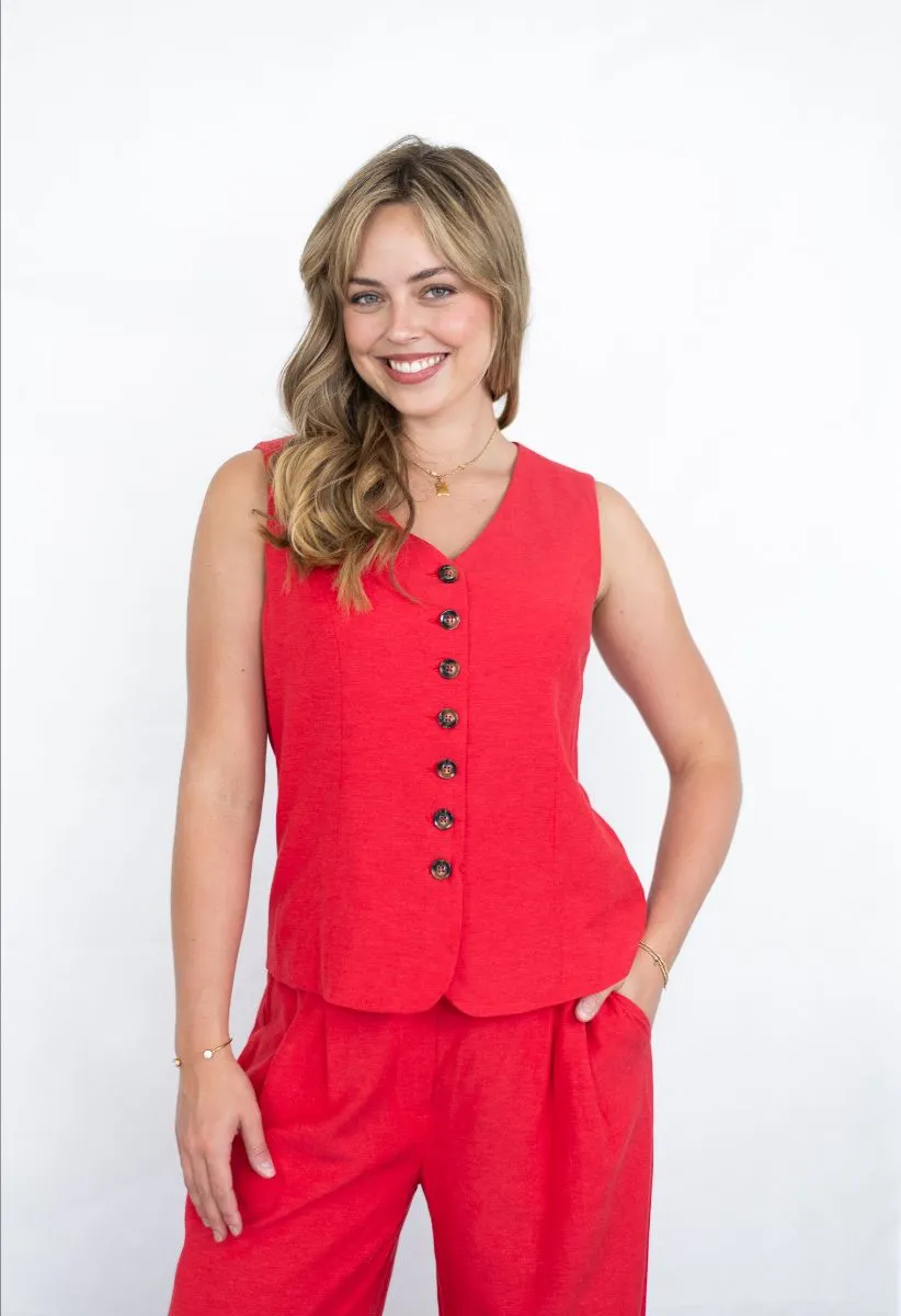 Vest   Pants In Red Linen/Viscose