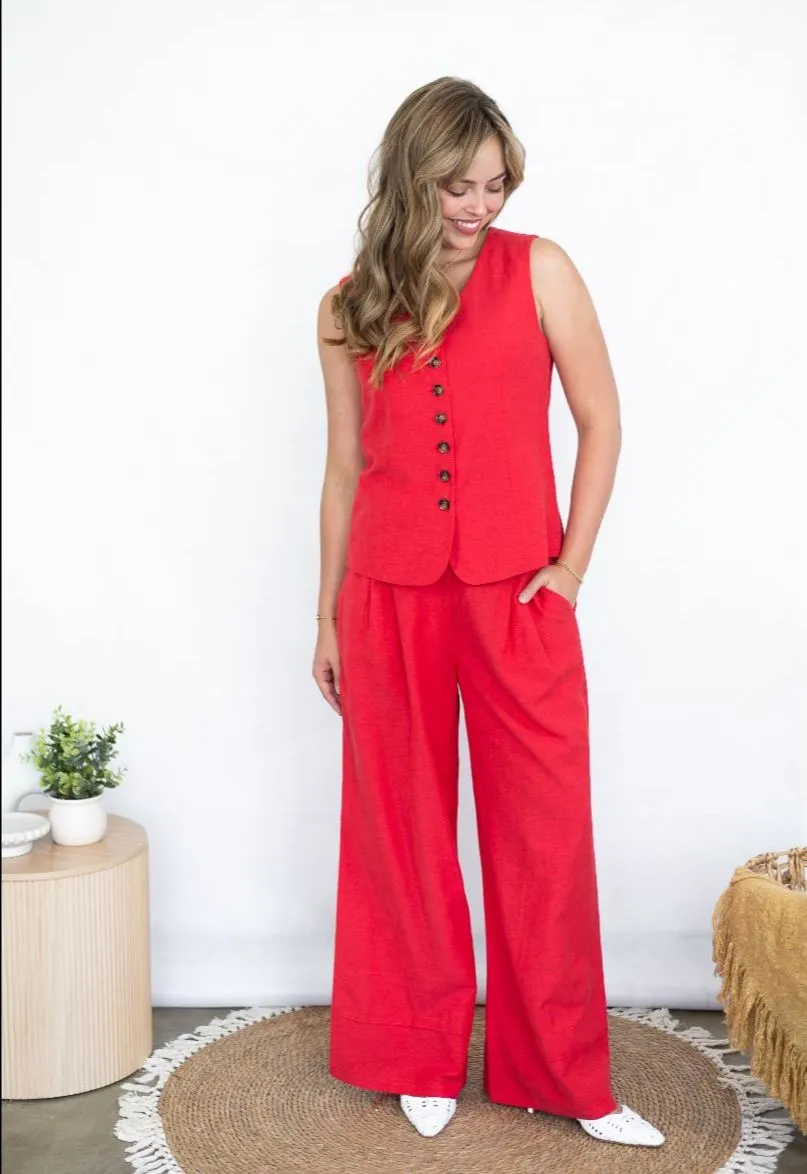Vest   Pants In Red Linen/Viscose