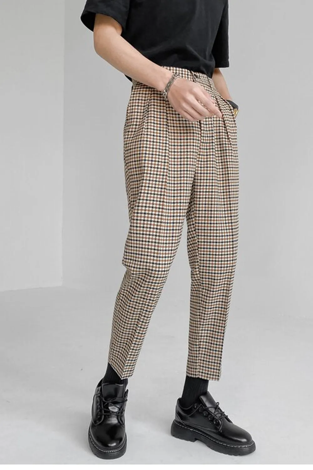 Vintage Elastic Waist Plaid Ankle Length Men Long Pants
