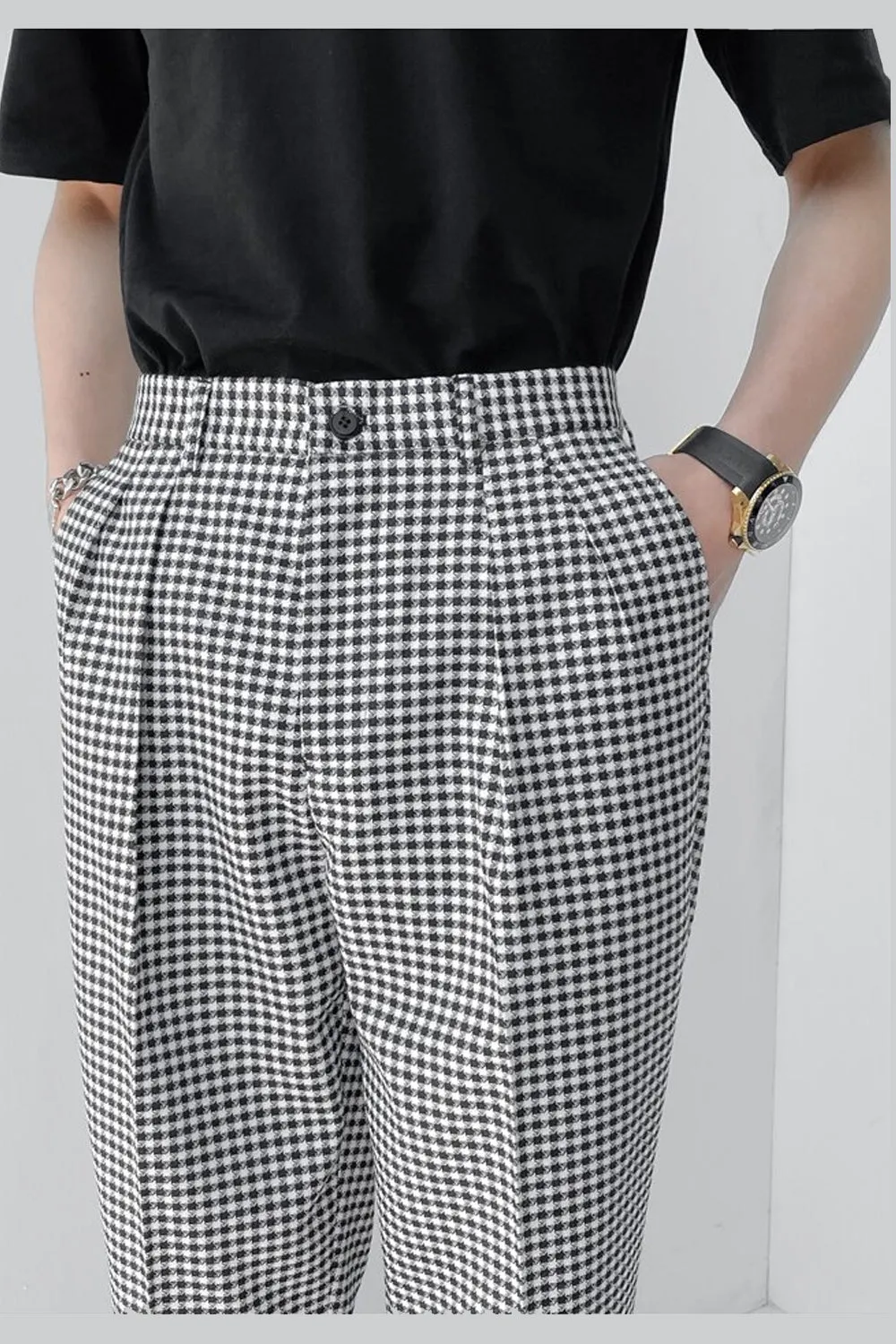 Vintage Elastic Waist Plaid Ankle Length Men Long Pants