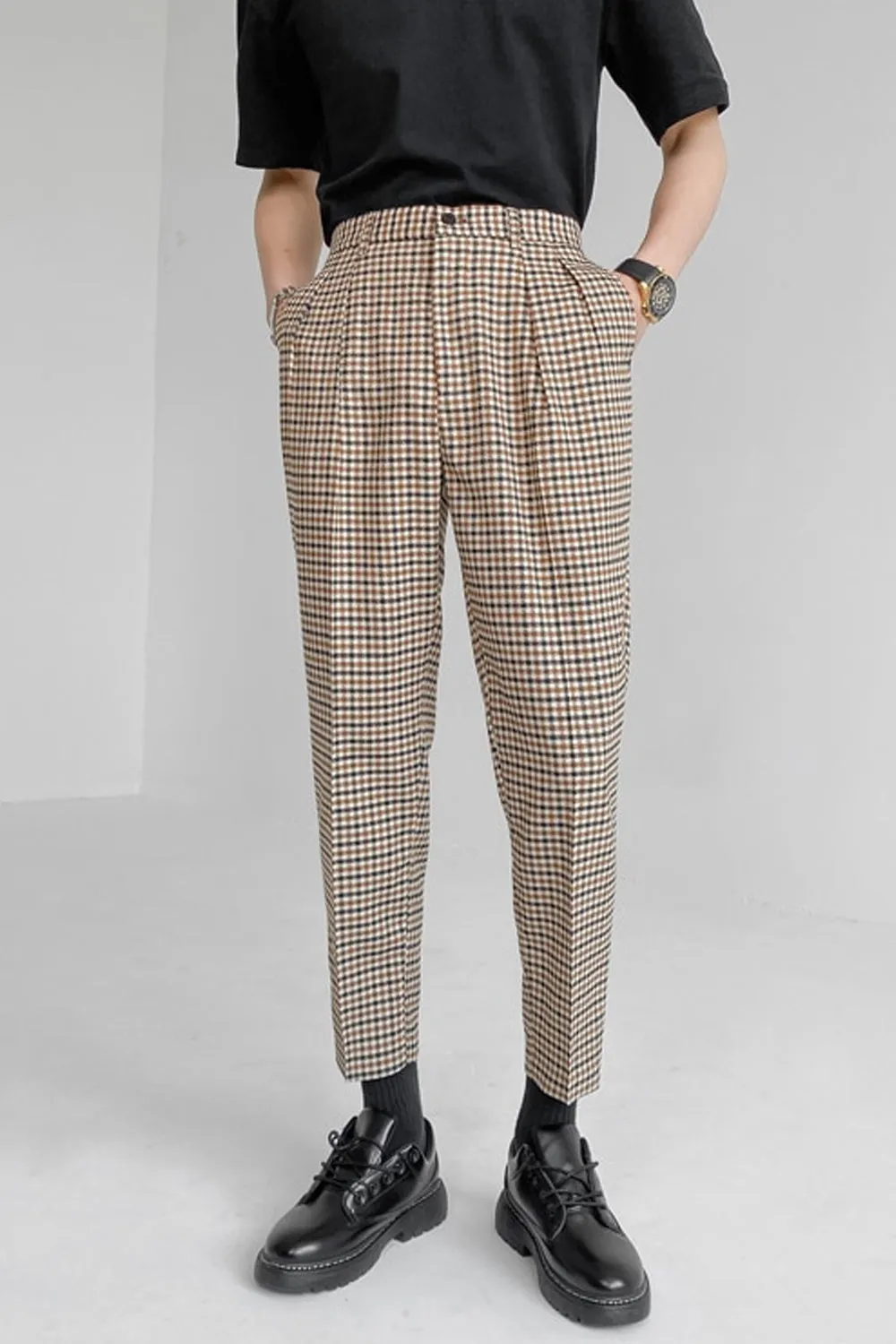 Vintage Elastic Waist Plaid Ankle Length Men Long Pants