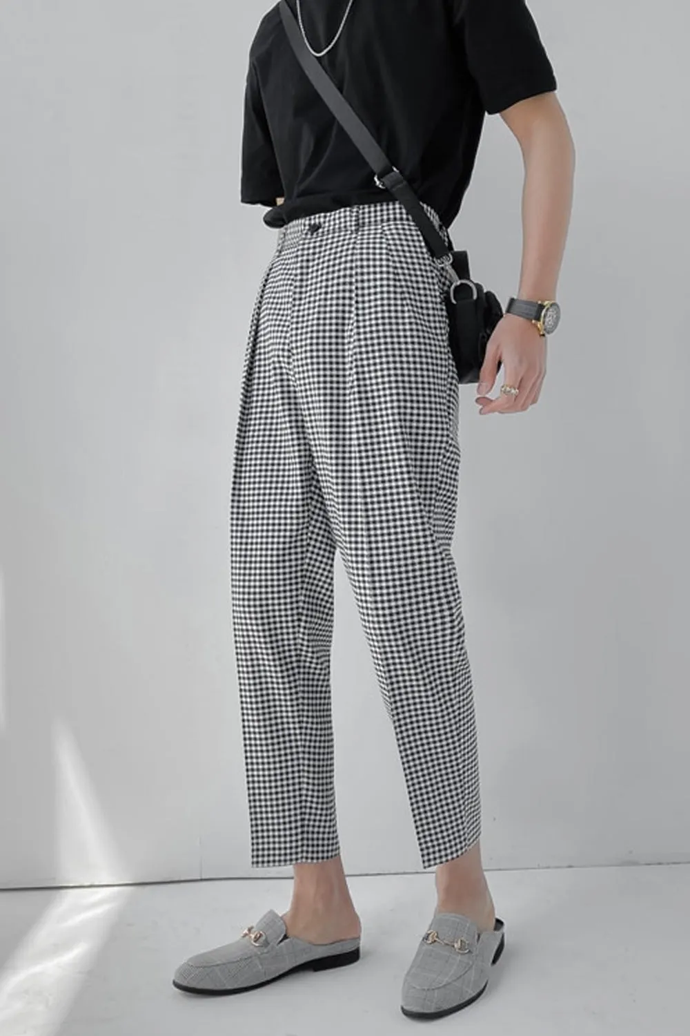 Vintage Elastic Waist Plaid Ankle Length Men Long Pants