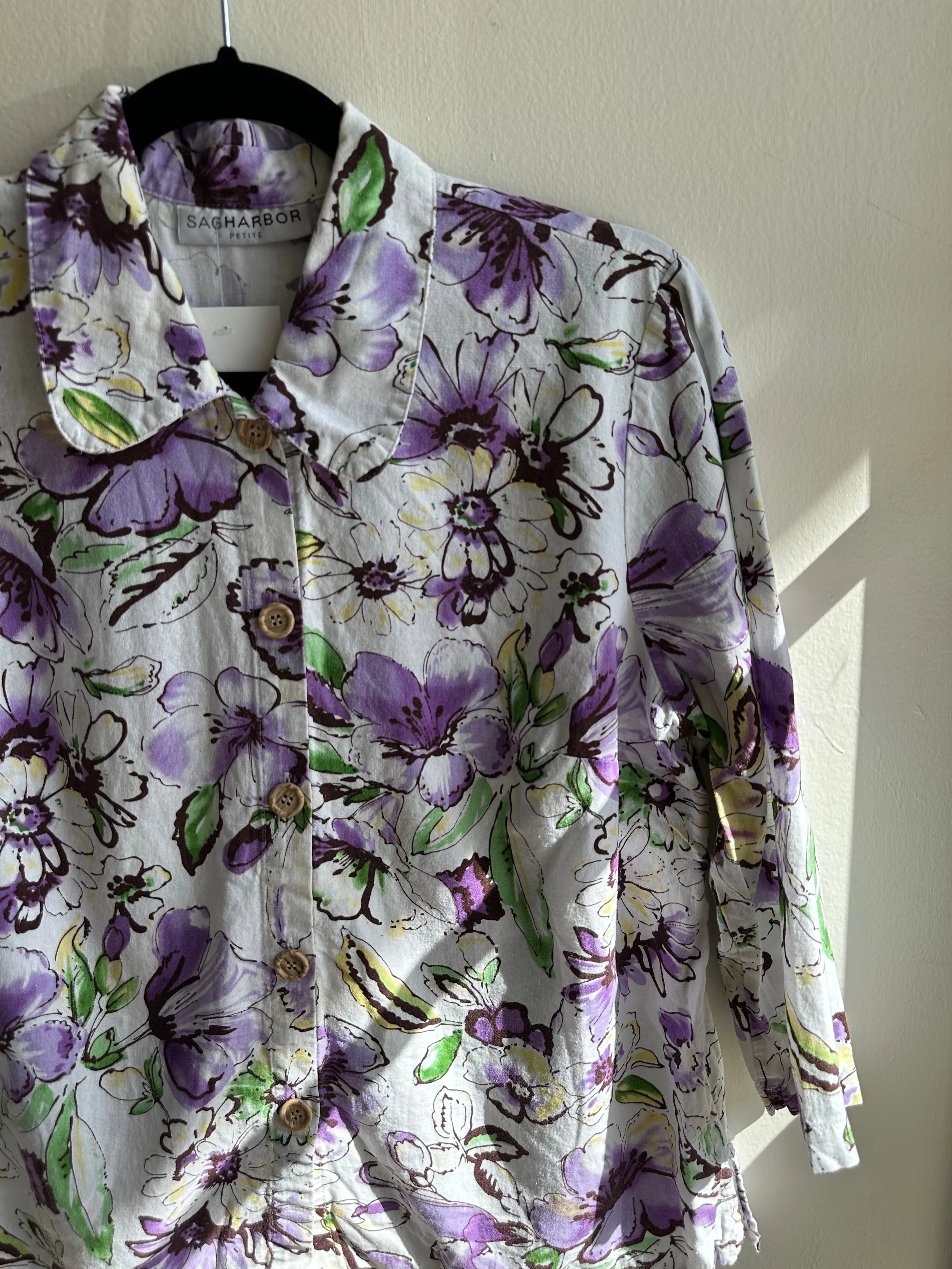 Vintage Linen Purple   White Button Up Top | Size Medium