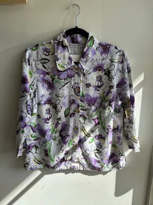 Vintage Linen Purple   White Button Up Top | Size Medium