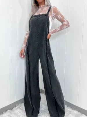 Washed Square Neck Wide Leg Denim Overalls