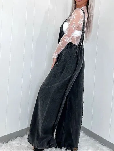 Washed Square Neck Wide Leg Denim Overalls