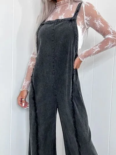 Washed Square Neck Wide Leg Denim Overalls