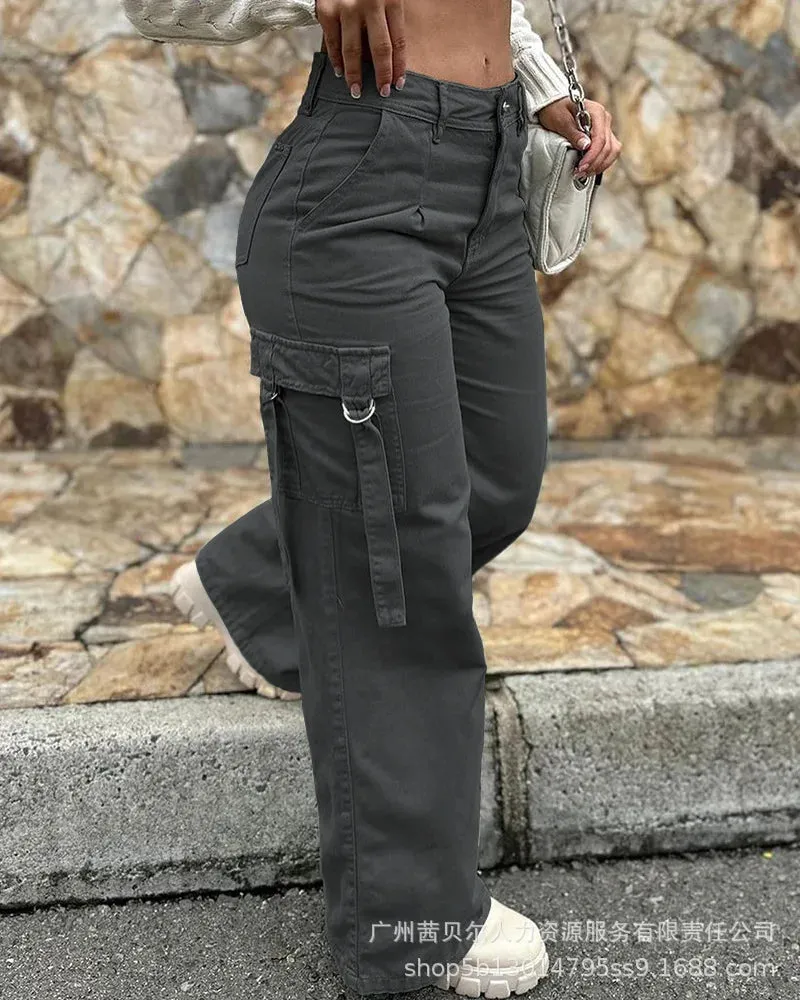 Wepbel Pocket Straight-Leg Overalls Pants 20224 Fashion Overalls Women Trousers Army Green Casual Patch Solid Color Cargo Pants