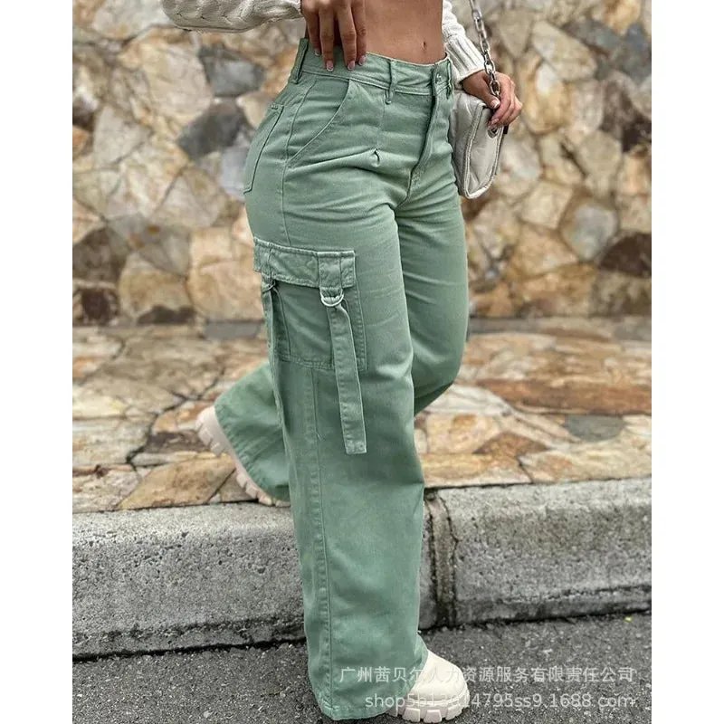 Wepbel Pocket Straight-Leg Overalls Pants 20224 Fashion Overalls Women Trousers Army Green Casual Patch Solid Color Cargo Pants