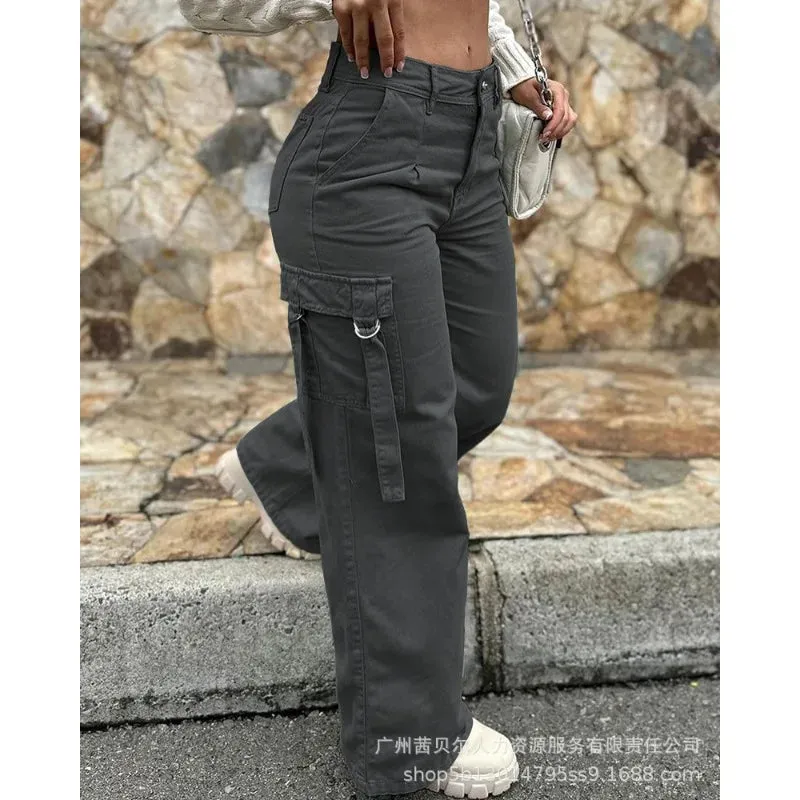 Wepbel Pocket Straight-Leg Overalls Pants 20224 Fashion Overalls Women Trousers Army Green Casual Patch Solid Color Cargo Pants