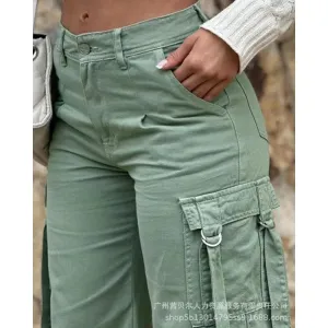Wepbel Pocket Straight-Leg Overalls Pants 20224 Fashion Overalls Women Trousers Army Green Casual Patch Solid Color Cargo Pants
