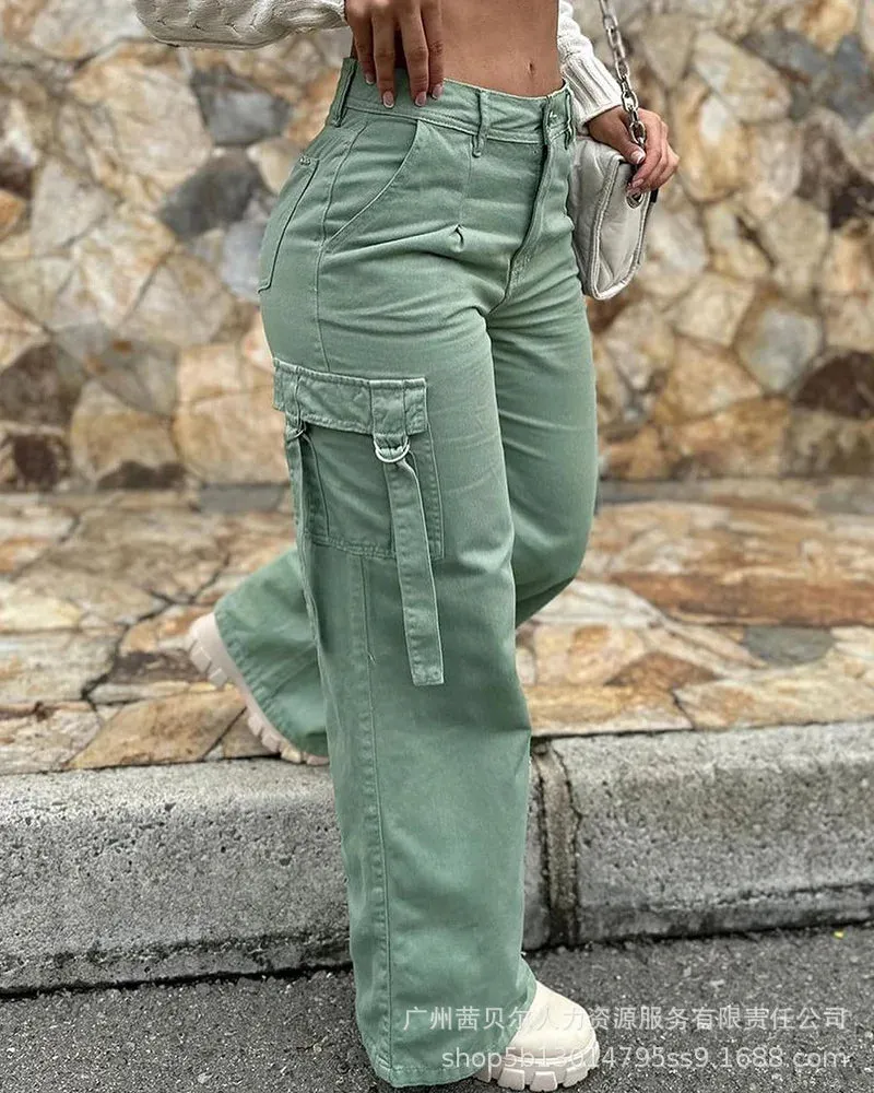 Wepbel Pocket Straight-Leg Overalls Pants 20224 Fashion Overalls Women Trousers Army Green Casual Patch Solid Color Cargo Pants
