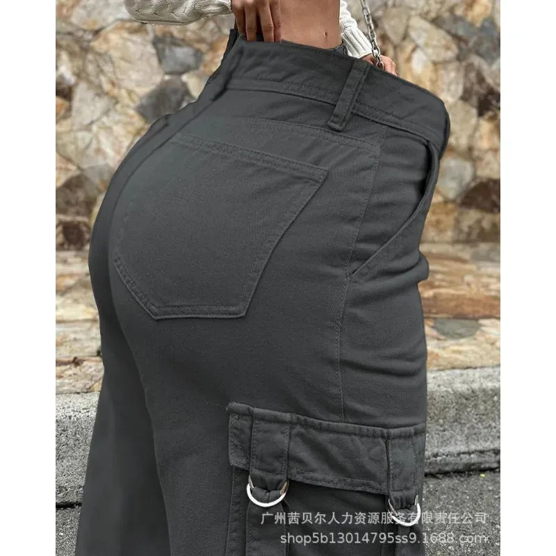 Wepbel Pocket Straight-Leg Overalls Pants 20224 Fashion Overalls Women Trousers Army Green Casual Patch Solid Color Cargo Pants