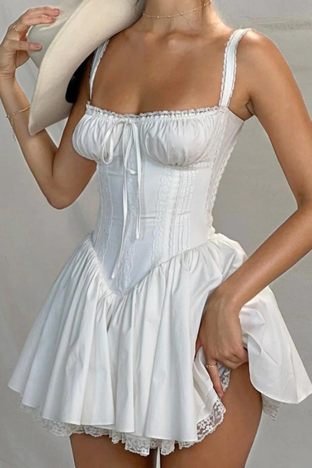 White Lace Stitching Strappy Ruched Cami Dress