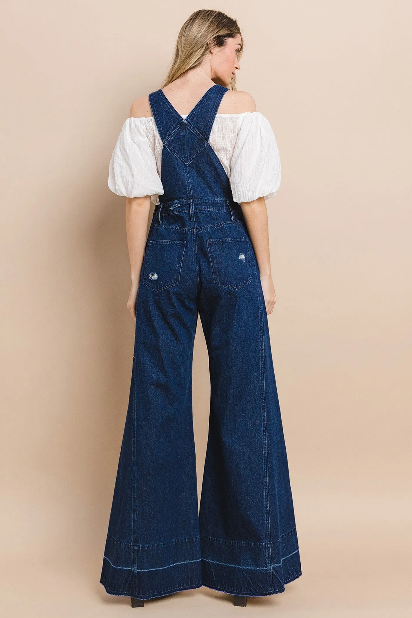 WIDE LEG DISTRESSED DENIM OVERALLS W4429RIA
