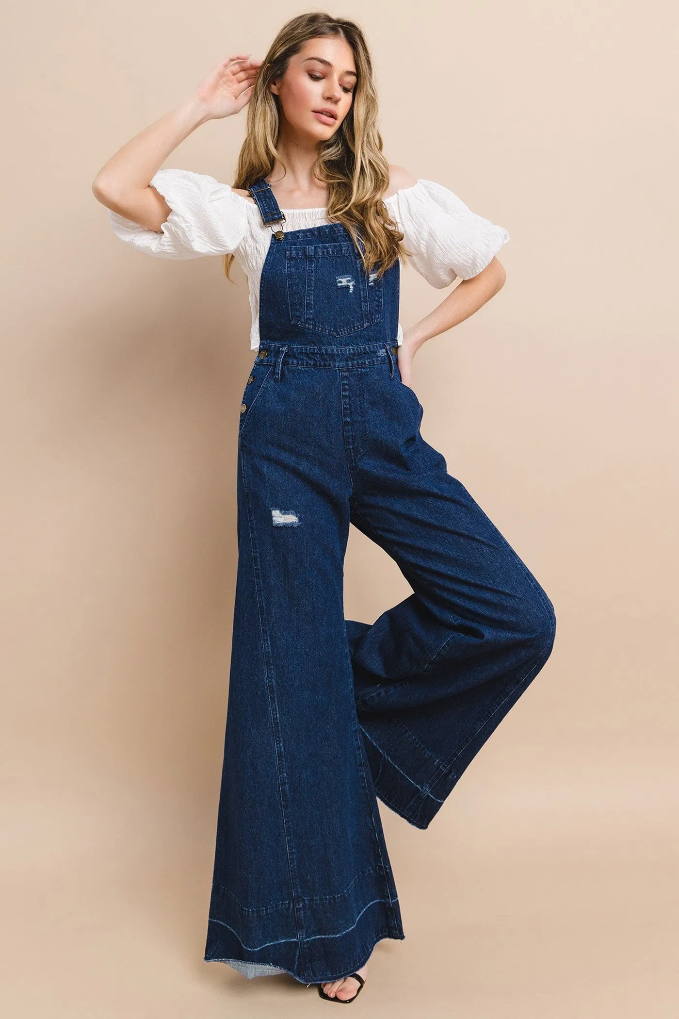 WIDE LEG DISTRESSED DENIM OVERALLS W4429RIA