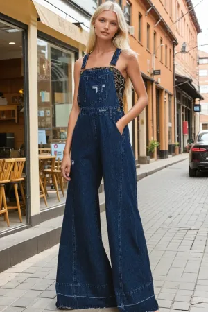 WIDE LEG DISTRESSED DENIM OVERALLS W4429RIA