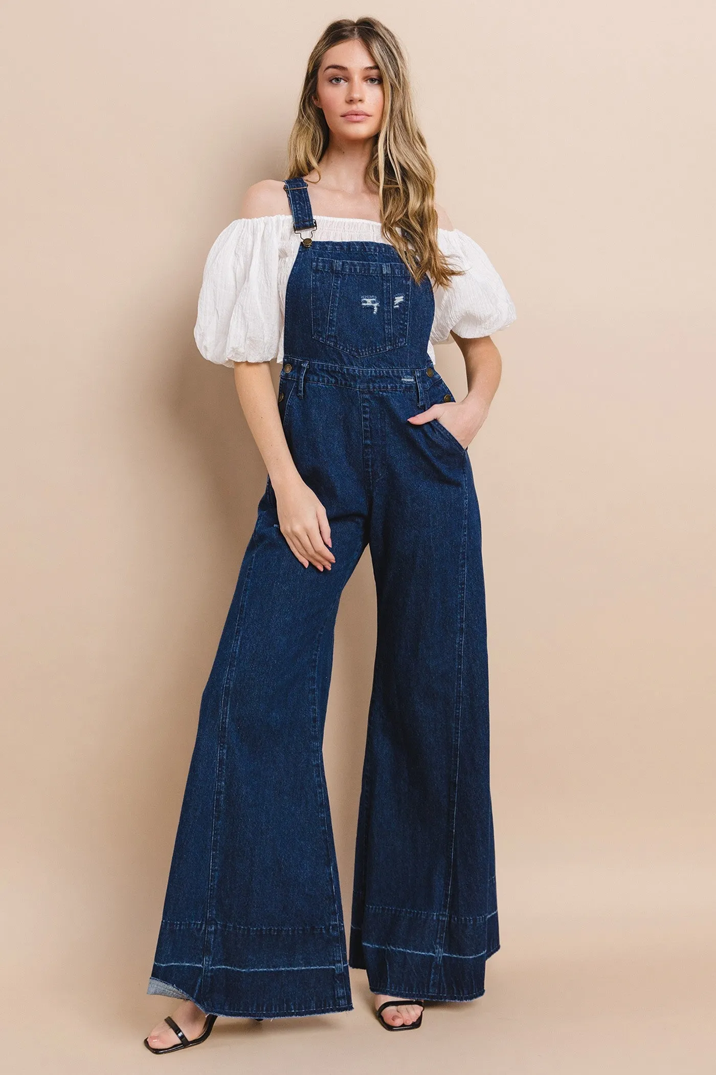 WIDE LEG DISTRESSED DENIM OVERALLS W4429RIA