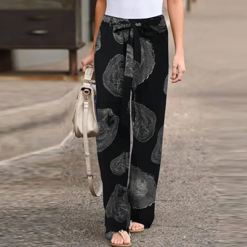 Women Fashion Lace Up Elastic Waist Home Trousers Female Plus Size Pants Casual Flower Print Cotton Linen Straight Leg Pants