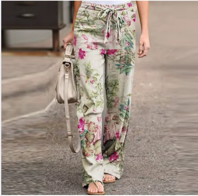 Women Fashion Lace Up Elastic Waist Home Trousers Female Plus Size Pants Casual Flower Print Cotton Linen Straight Leg Pants