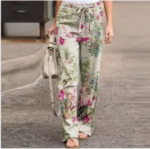 Women Fashion Lace Up Elastic Waist Home Trousers Female Plus Size Pants Casual Flower Print Cotton Linen Straight Leg Pants