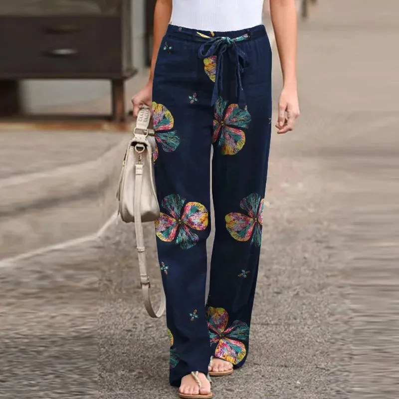 Women Fashion Lace Up Elastic Waist Home Trousers Female Plus Size Pants Casual Flower Print Cotton Linen Straight Leg Pants