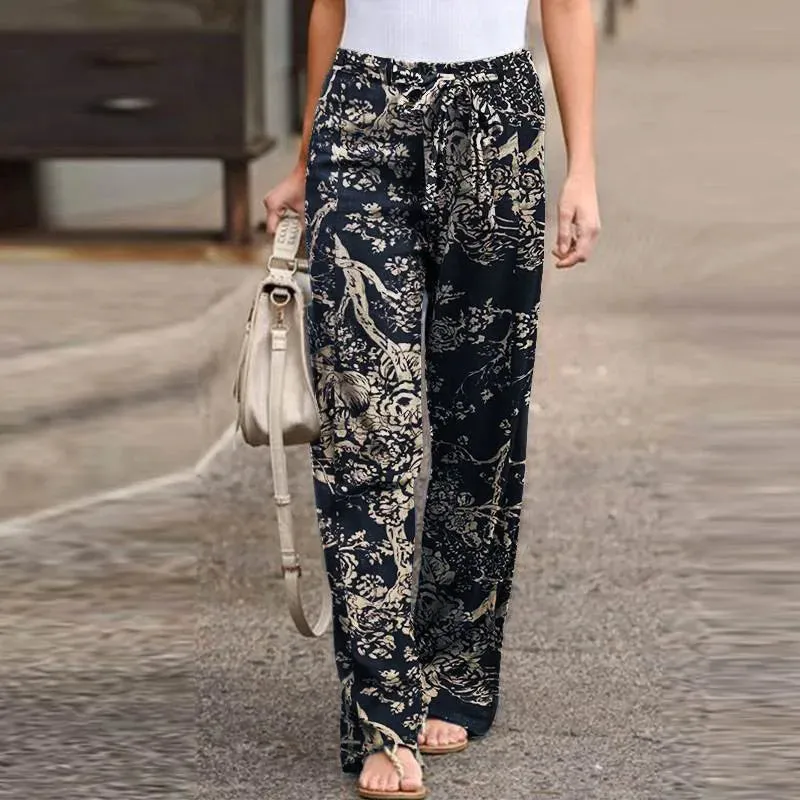 Women Fashion Lace Up Elastic Waist Home Trousers Female Plus Size Pants Casual Flower Print Cotton Linen Straight Leg Pants