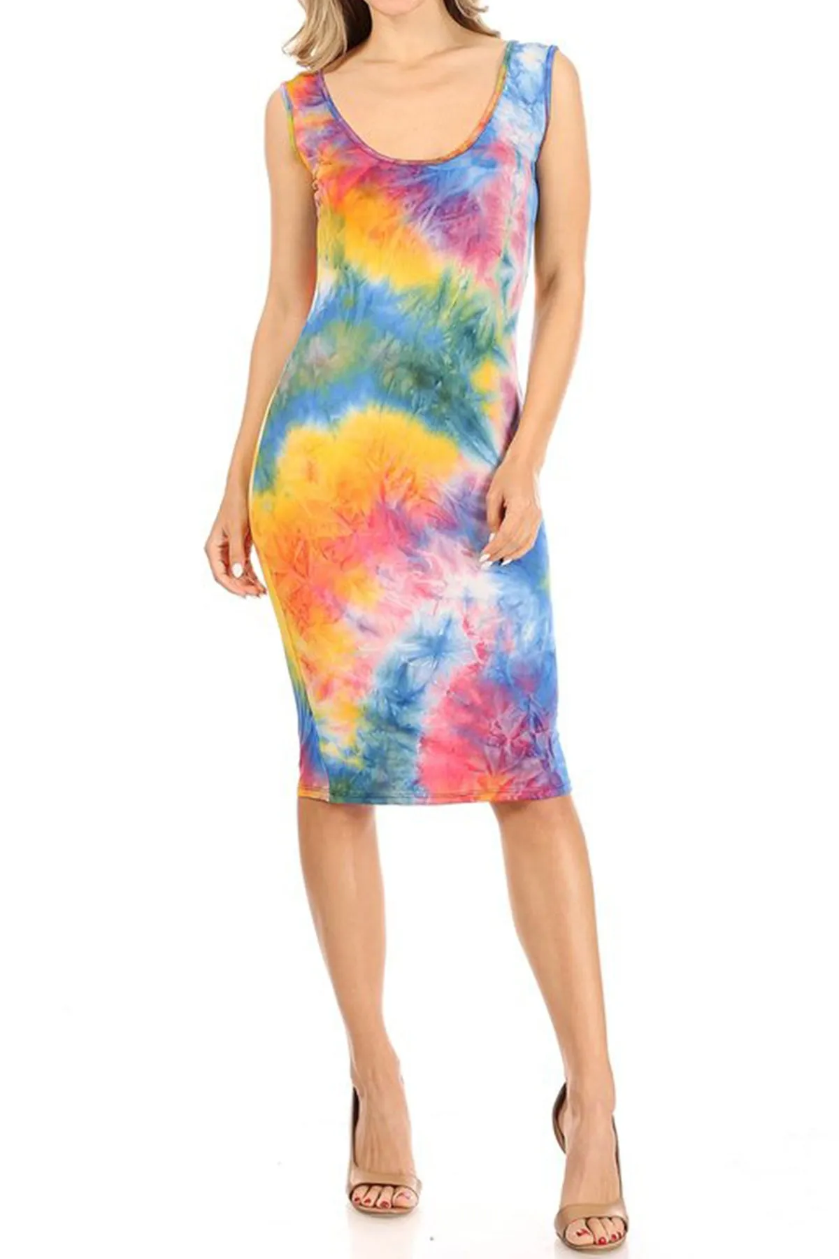 Women's Casual Print Fitted Bodycon Solid Scoop Neck Sleeveless Basic Cami Midi Dress