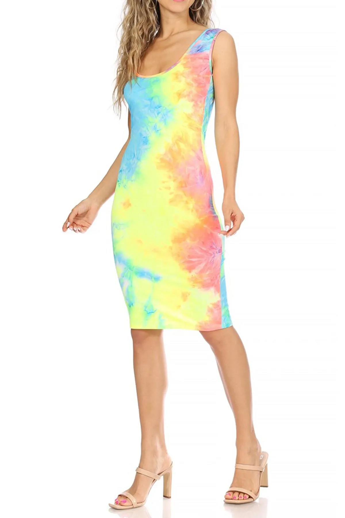 Women's Casual Print Fitted Bodycon Solid Scoop Neck Sleeveless Basic Cami Midi Dress